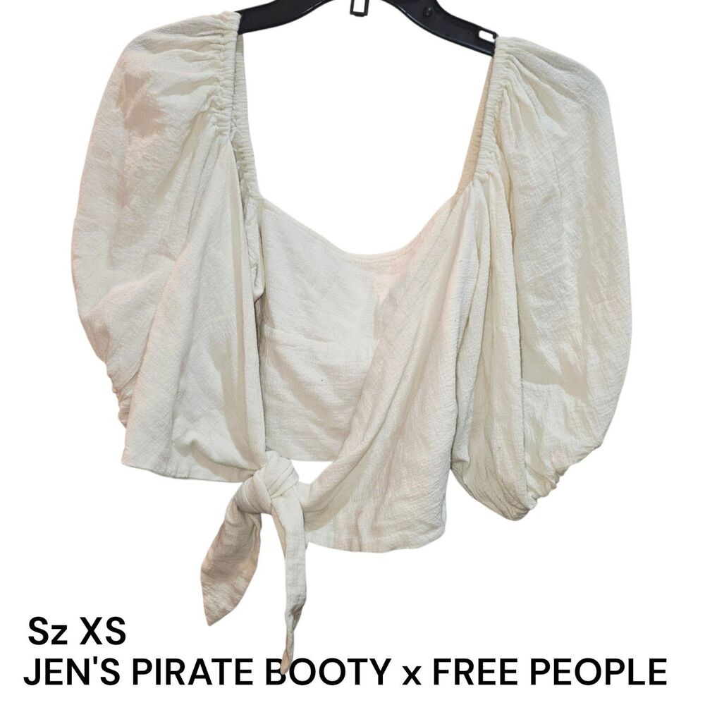 Jen's Pirate Booty x Free People XS Beige Puff Sleeve Front Knot Tie Crop Blouse